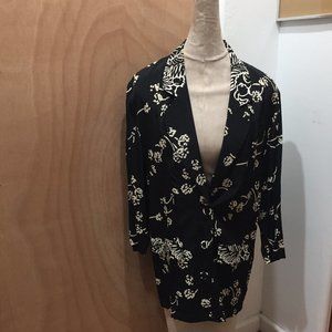 Vintage Carole Little Black White Floral Art Print Tunic Blazer Jacket sz 4